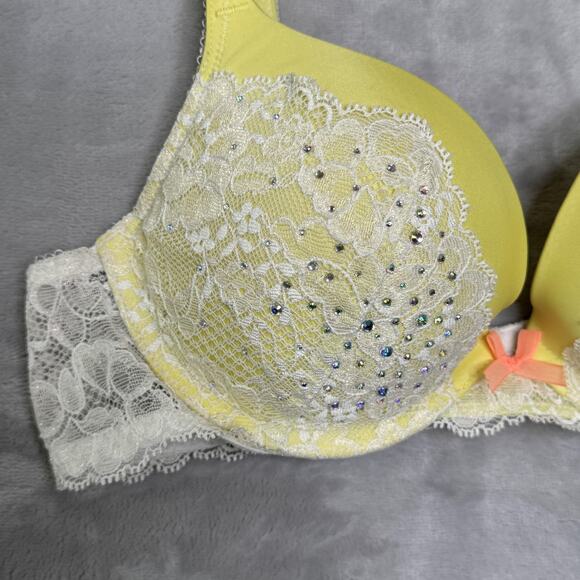 Victorias Secret Bra Womens 34B Dream Angels Push Up Lace Rhinestone Yellow - Picture 4 of 9